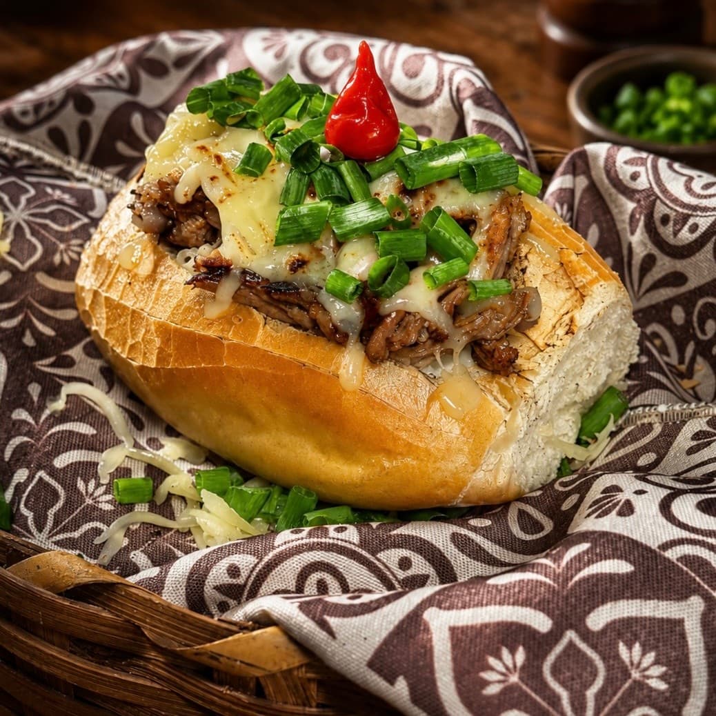 Buraco quente (pão de sal com carne e molho)