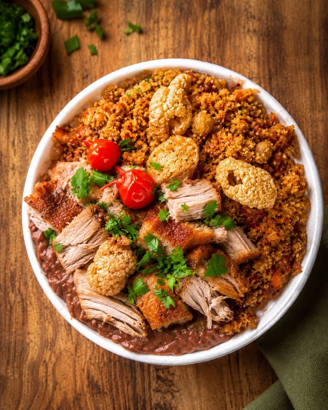 Tutu tonto com pernil e farofa de banana